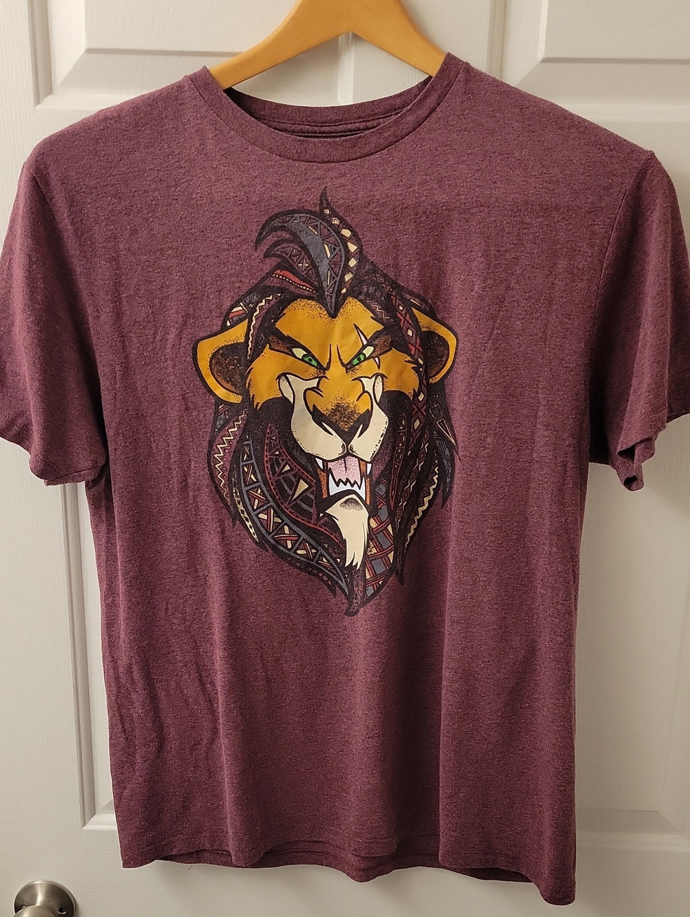 Disney Men's Lion King Scar Plum Short-Sleeve Tee with Yellow Lion Graphic